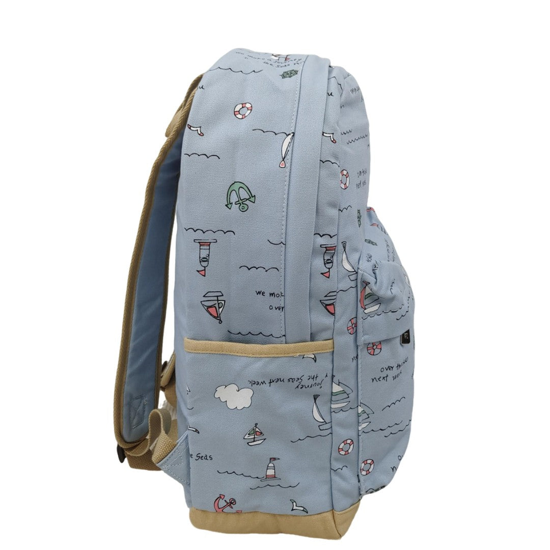 Clearance Blue Nautical Print Canvas Backpack with Sailboat & Lighthouse Pattern